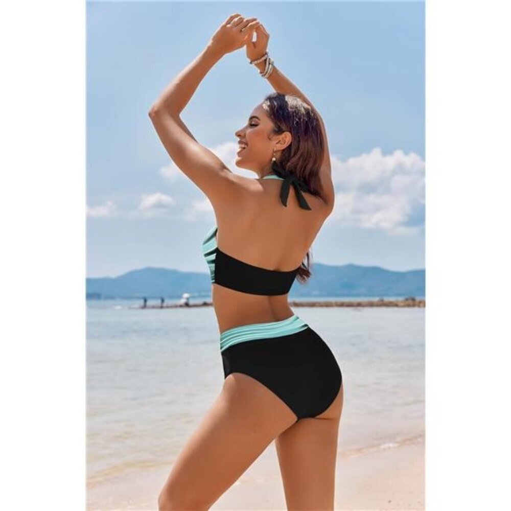 Women's High Waisted Bikini Set Tummy Control Color Block Halter Two Piece Swims - Picture 4 of 6